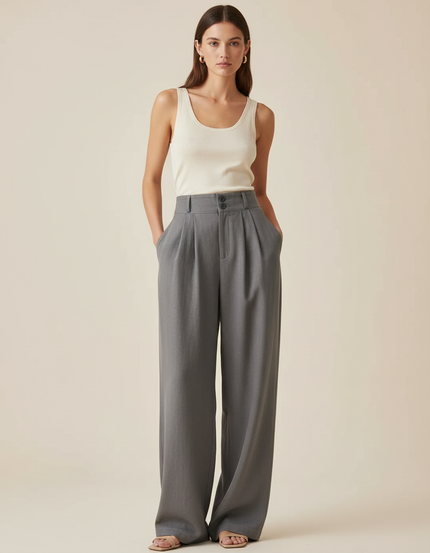 Pantalon Baggy Gris Ample Taille Haute Élégant - Gabardine