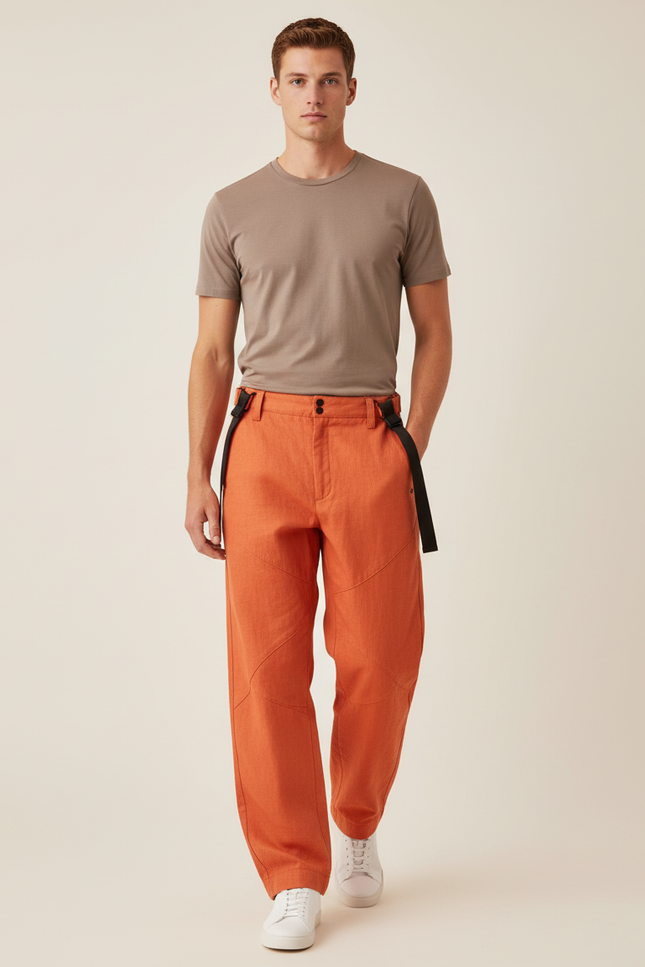 Pantalon Baggy Orange Bretelles Ample Décontracté Homme - Lin