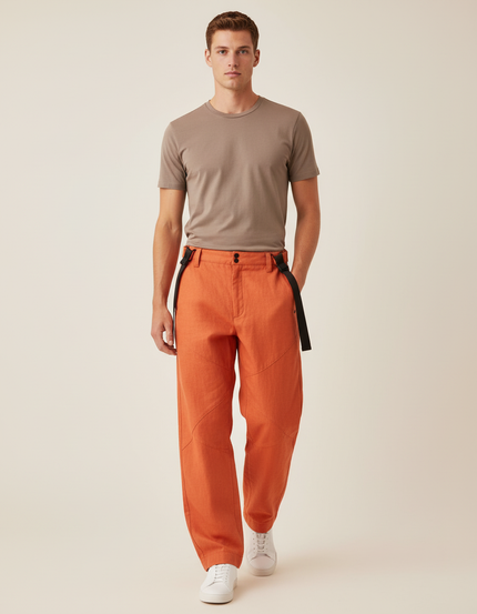 Pantalon Baggy Orange Bretelles Ample Décontracté Homme - Lin