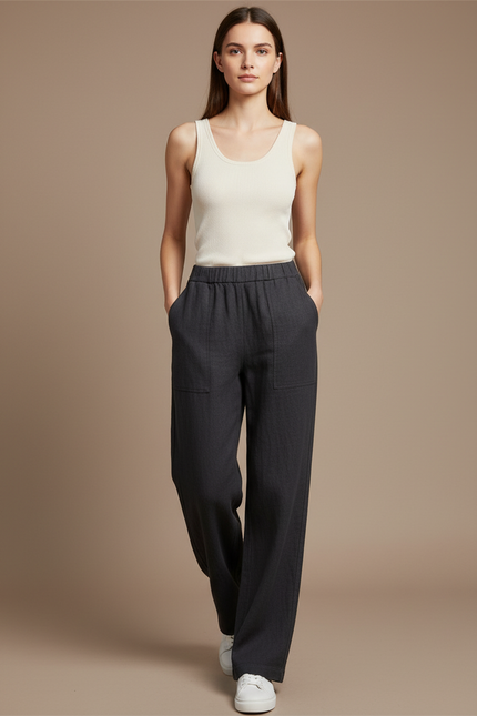 Pantalon Baggy Gris Lin Fluide Décontracté Femme