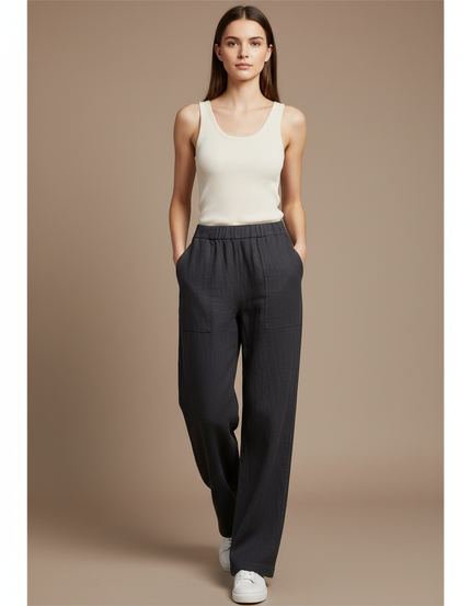 Pantalon Baggy Gris Lin Fluide Décontracté Femme