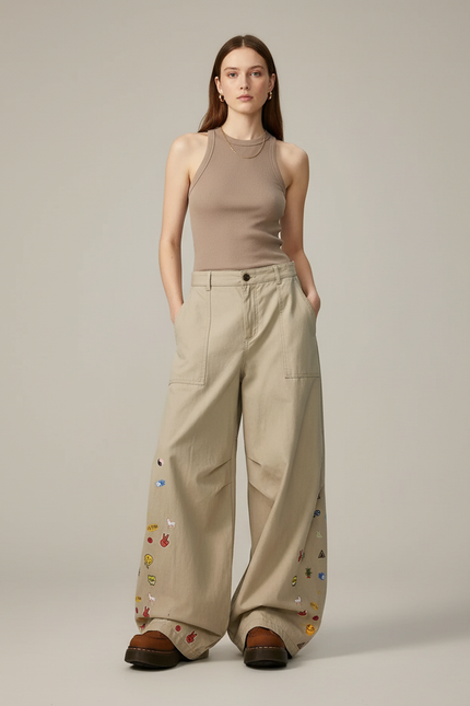 Pantalon Baggy Beige Brodé Large Décontracté Femme - Gabardine