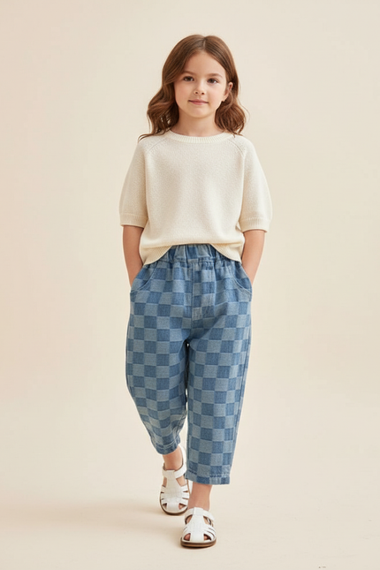Pantalon Baggy Carreaux Bleus Ample Confortable Enfant - Jean