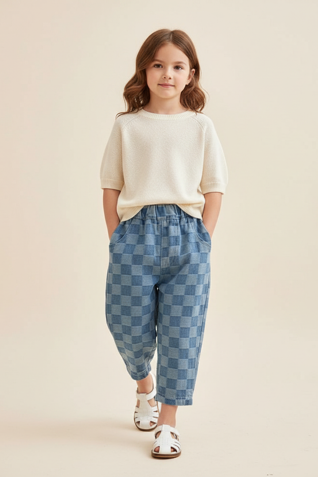 Pantalon Baggy Carreaux Bleus Ample Confortable Enfant - Jean