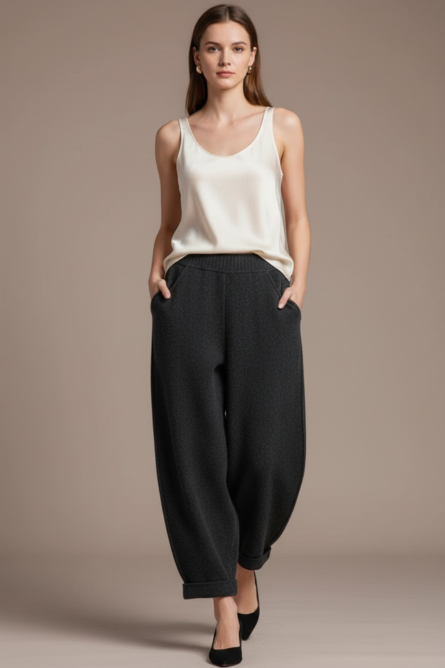 Pantalon Baggy Laine Chaud Tricoté Hiver Femme - Gris