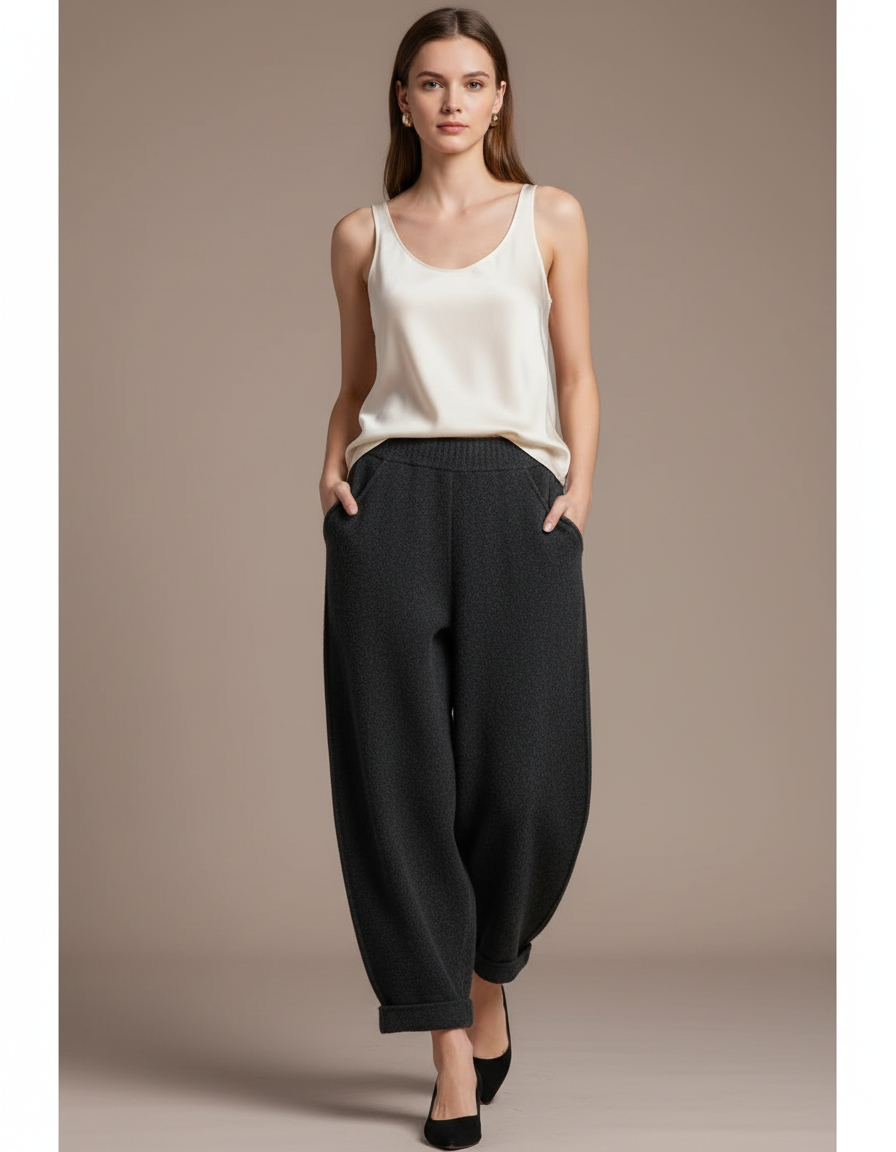 Pantalon Baggy Laine Chaud Tricoté Hiver Femme - Gris