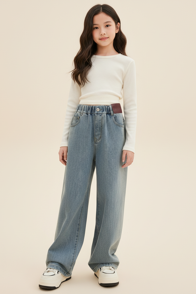 Pantalon Baggy Jean Bleu Clair Ample Taille Haute Enfant