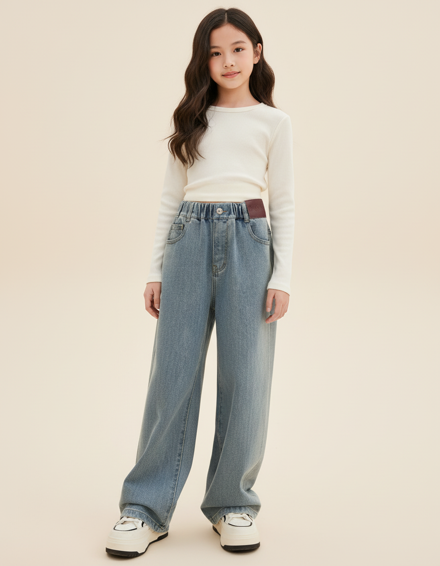 Pantalon Baggy Jean Bleu Clair Ample Taille Haute Enfant