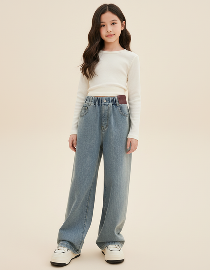Pantalon Baggy Jean Bleu Clair Ample Taille Haute Enfant