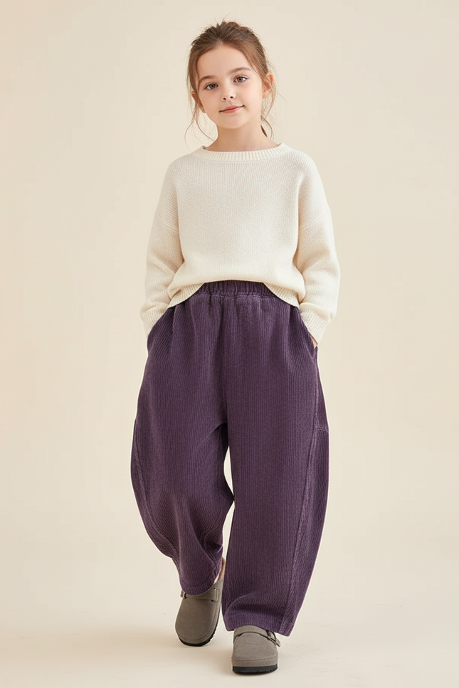 Pantalon Baggy Fille Taille Élastique Velours - Violet Cordé