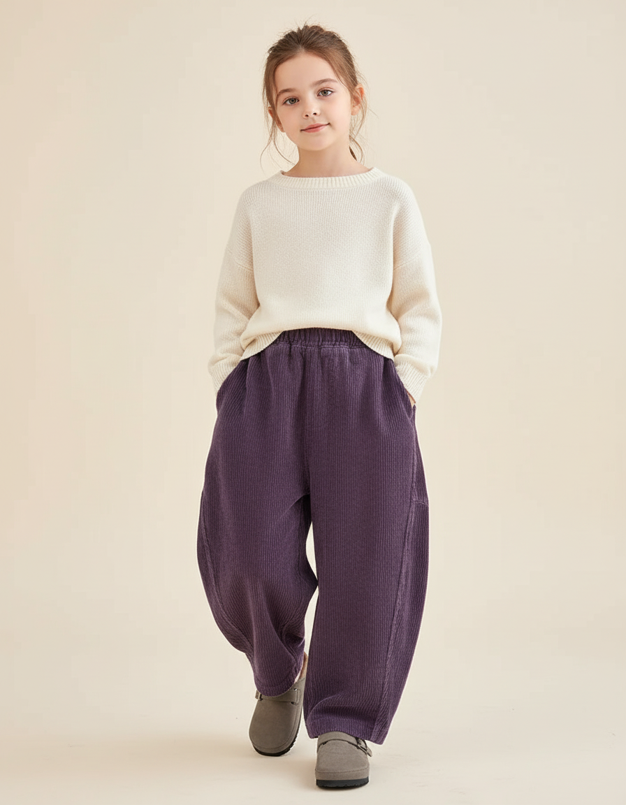 Pantalon Baggy Fille Taille Élastique Velours - Violet Cordé