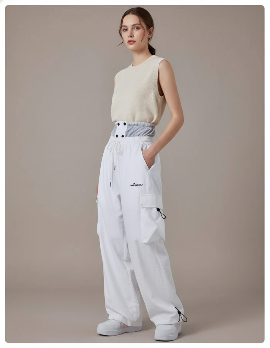 Pantalon Baggy Blanc Cargo Large Décontracté Sport - Coton