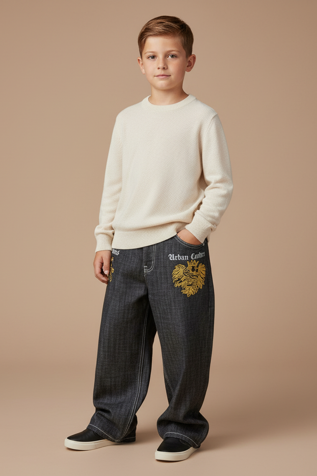 Pantalon Baggy Gris Brodé Lion Ample Enfant - Jean