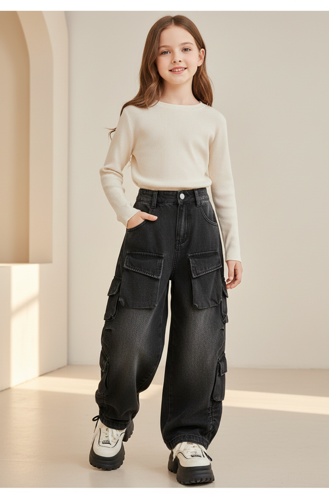 Pantalon Baggy Denim Gris Ample Cargo Enfant - Jean
