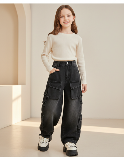 Pantalon Baggy Denim Gris Ample Cargo Enfant - Jean
