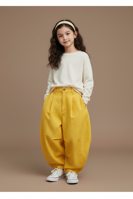 Pantalon Baggy Jaune Ample Plissé Confortable Enfant - Coton