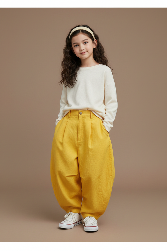 Pantalon Baggy Jaune Ample Plissé Confortable Enfant - Coton