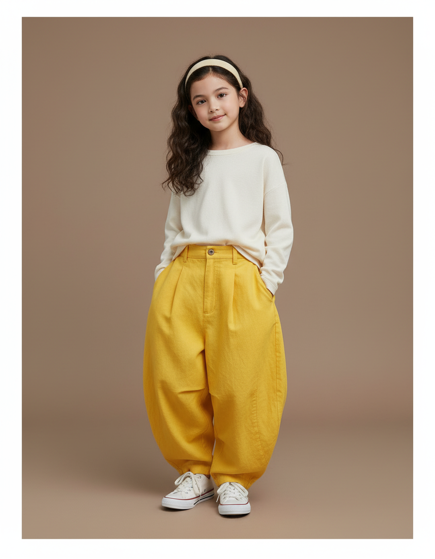 Pantalon Baggy Jaune Ample Plissé Confortable Enfant - Coton