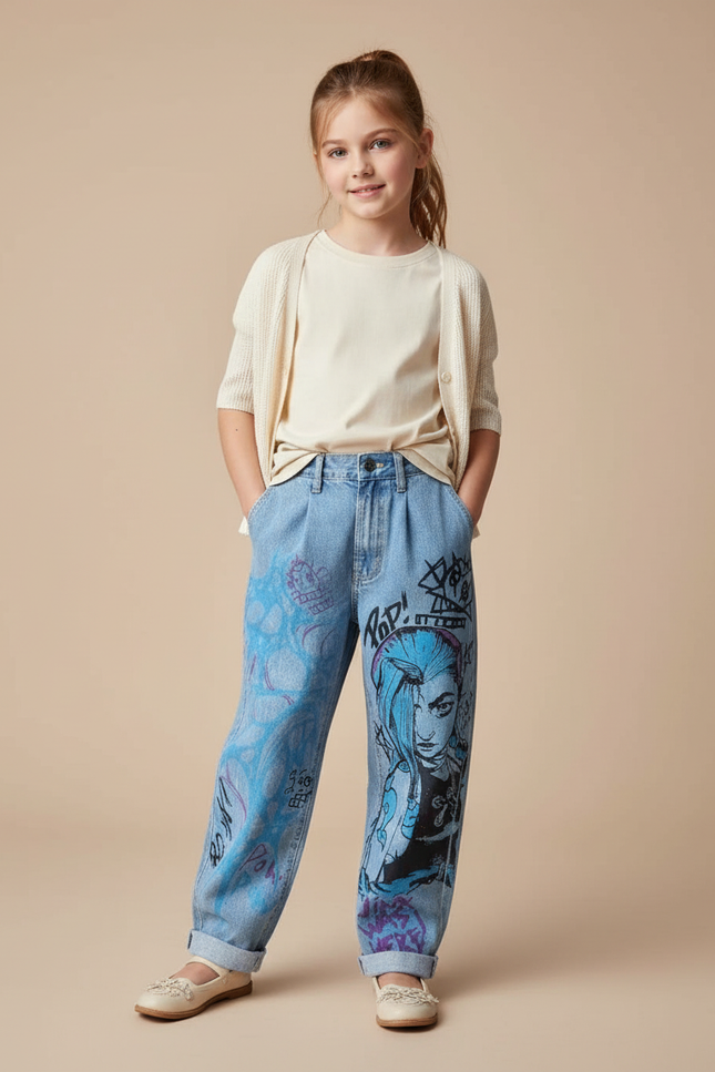 Pantalon Baggy Jean Clair Imprimé Anime Graffiti Fille - Bleu