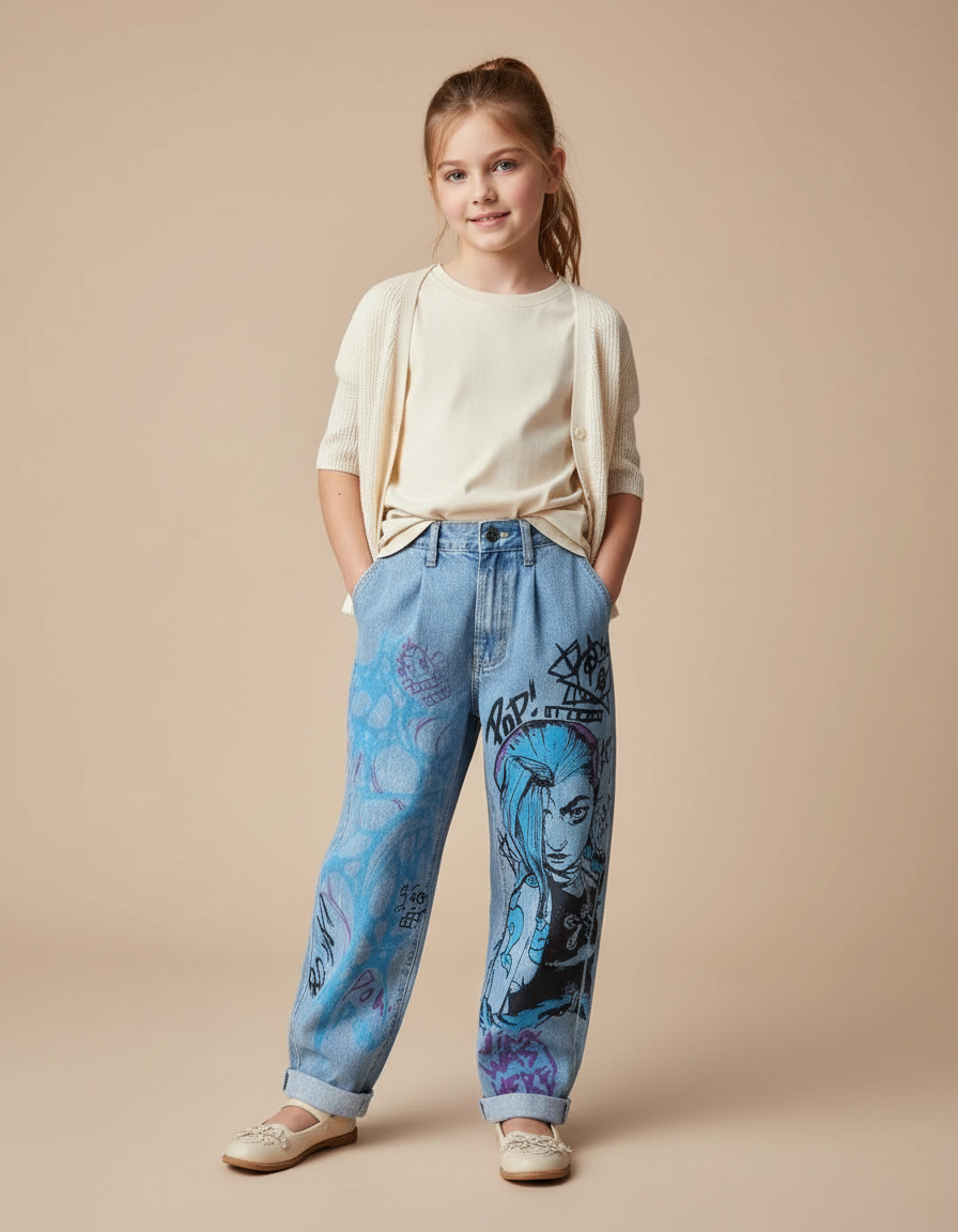 Pantalon Baggy Jean Clair Imprimé Anime Graffiti Fille - Bleu