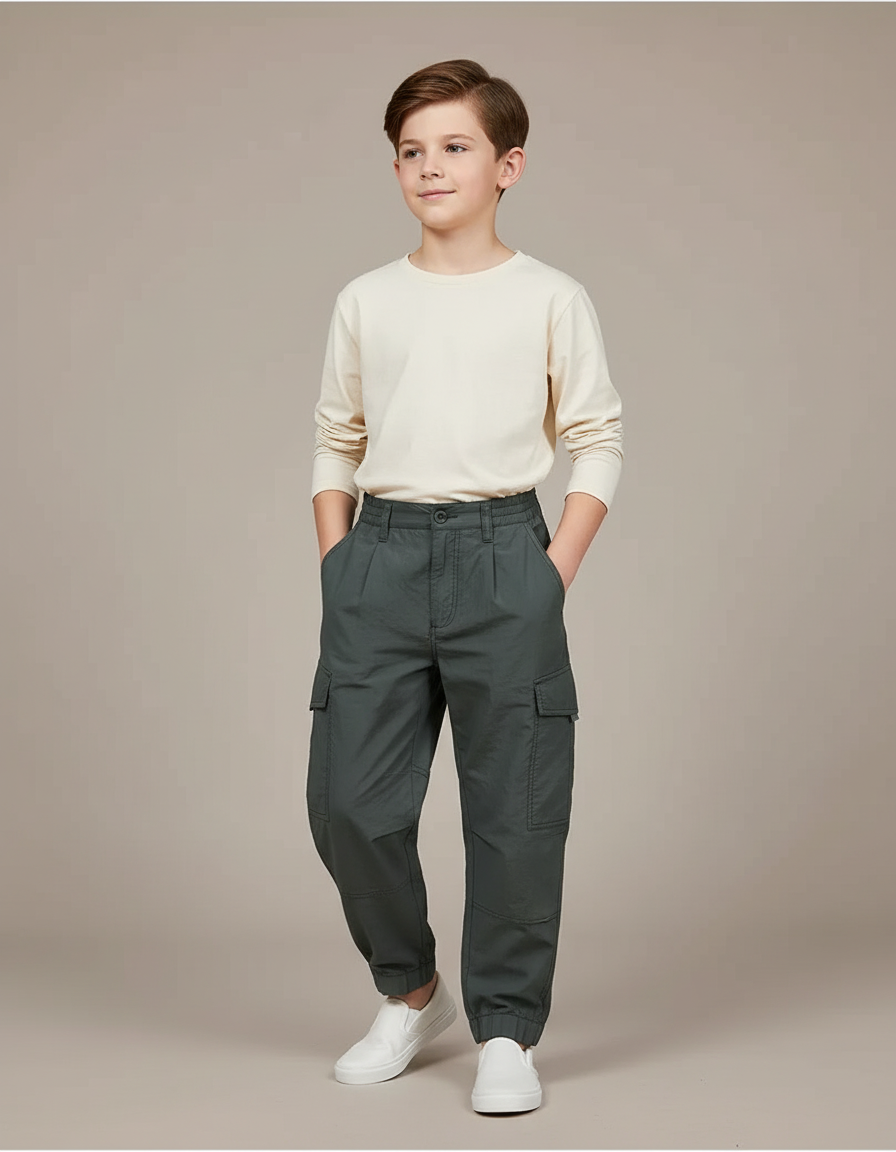 Pantalon Baggy Vert Ample Cargo Décontracté Enfant - Toile
