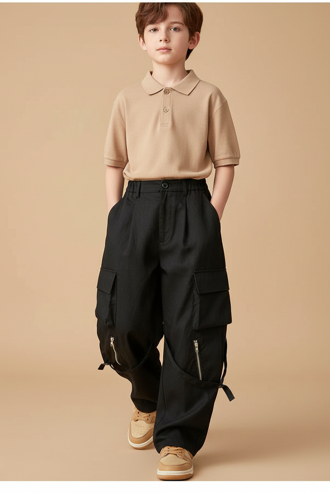 Pantalon Baggy Noir Cargo Ample Zippé Enfant - Toile
