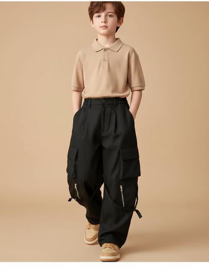 Pantalon Baggy Noir Cargo Ample Zippé Enfant - Toile