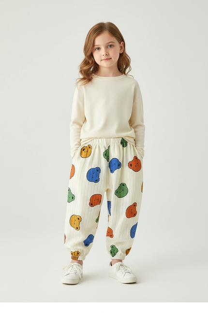 Pantalon Baggy Blanc Rayé Imprimé Oursons Coton Ample