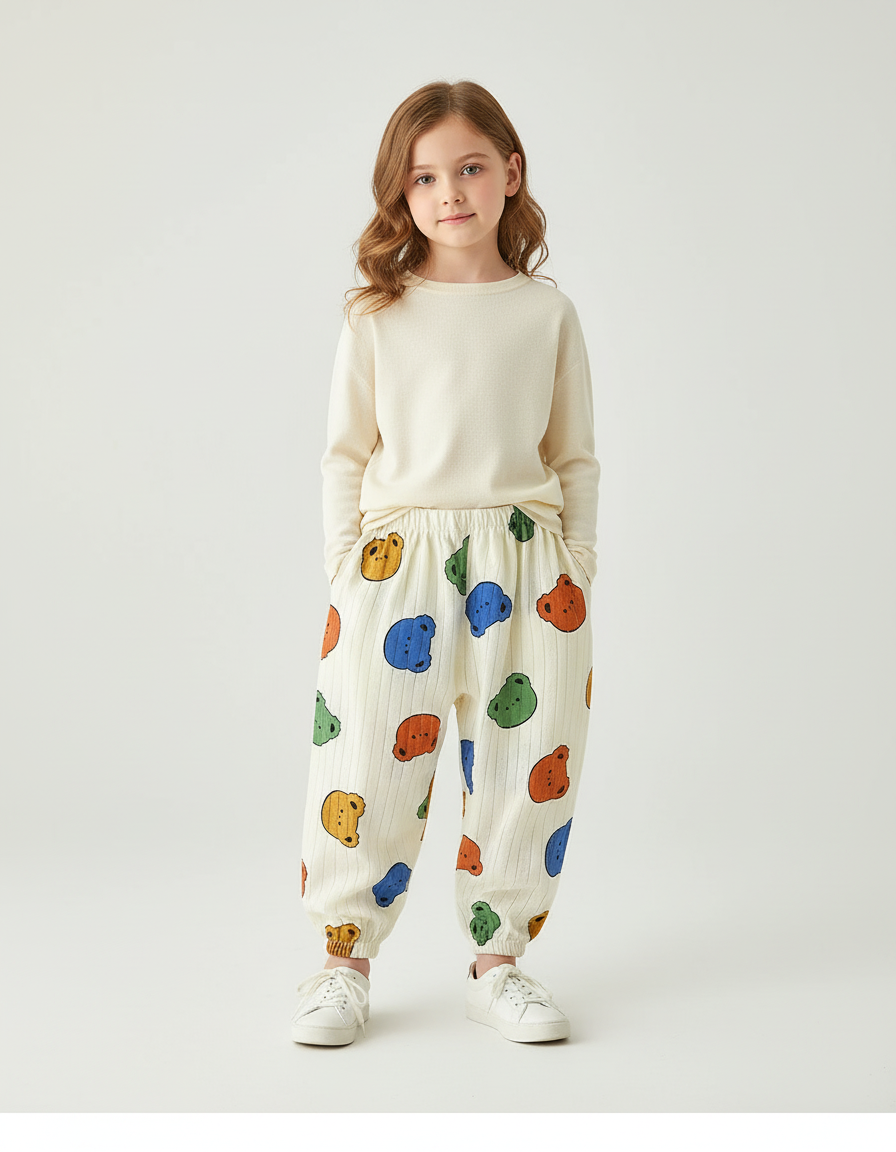 Pantalon Baggy Blanc Rayé Imprimé Oursons Coton Ample