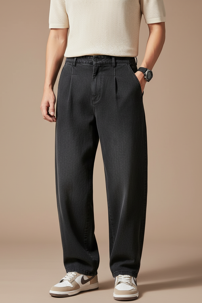 Pantalon Baggy Noir Denim Ample Plissé Homme - Jean