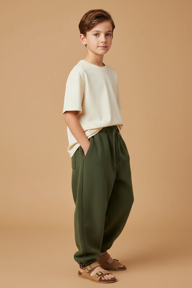 Pantalon Baggy Vert Molletonné Ample Confortable Enfant