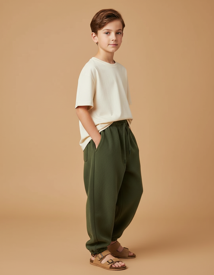 Pantalon Baggy Vert Molletonné Ample Confortable Enfant