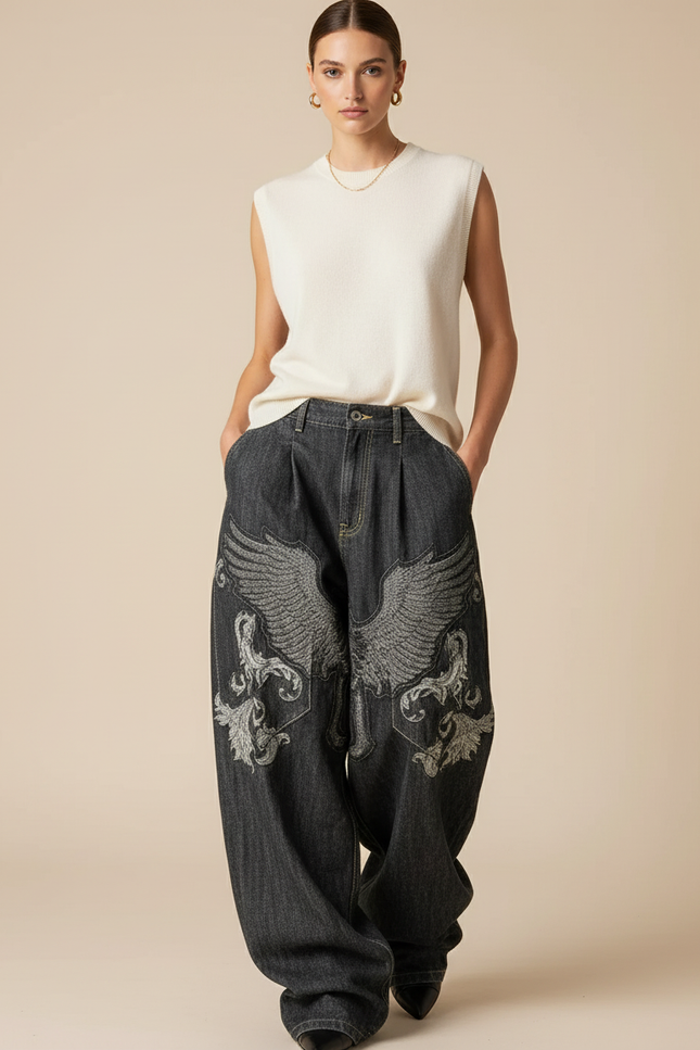 Pantalon Baggy Jean Gris Ample Ailes Brodées