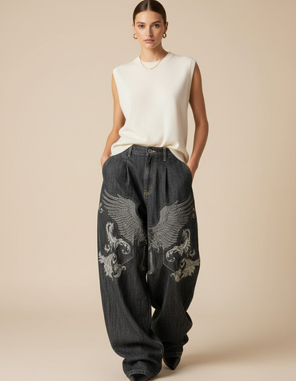 Pantalon Baggy Jean Gris Ample Ailes Brodées