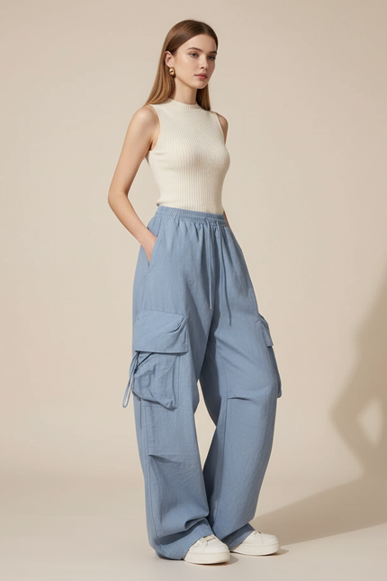 Pantalon Baggy Bleu Fluide Cargo Décontracté Femme - Viscose