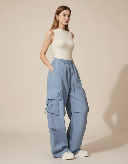 Pantalon Baggy Bleu Fluide Cargo Décontracté Femme - Viscose