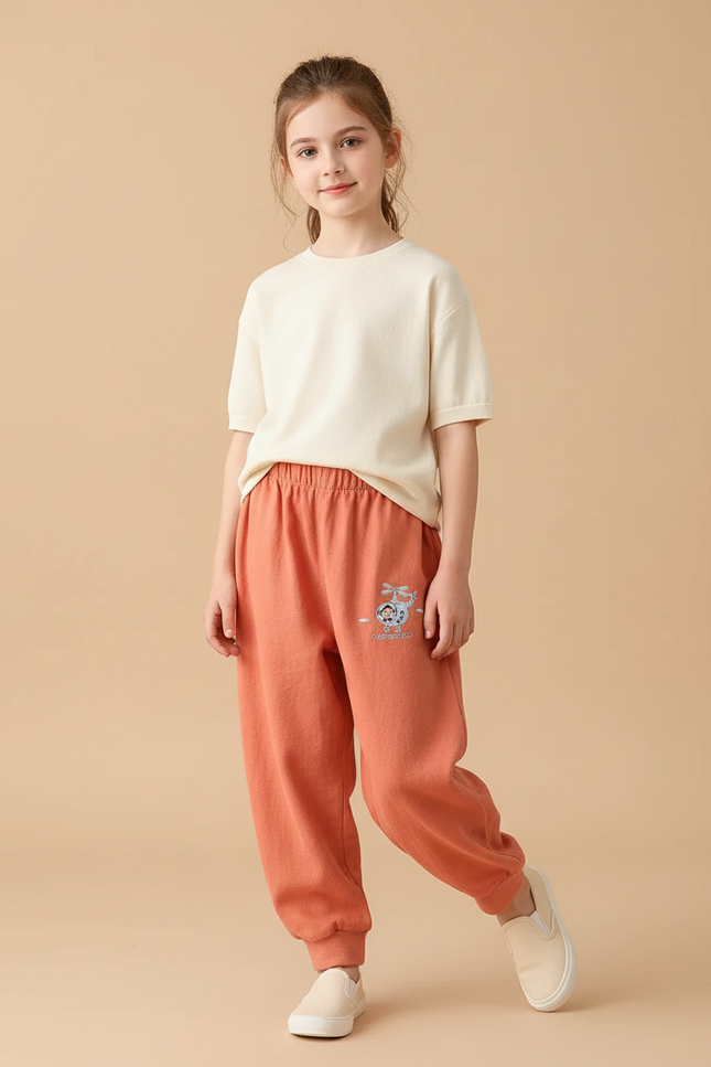 Pantalon Baggy Orange Coton Ample Décontracté Enfant Brodé - Molleton