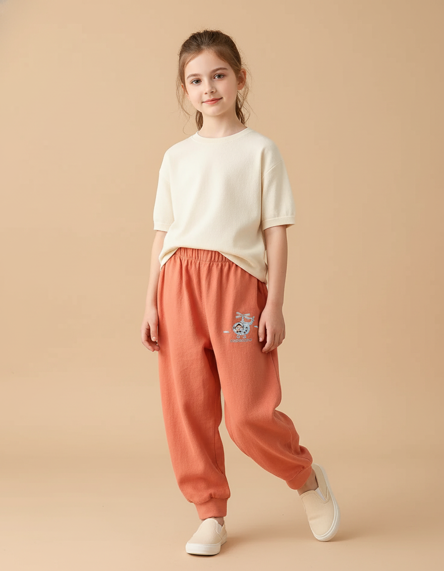 Pantalon Baggy Orange Coton Ample Décontracté Enfant Brodé - Molleton