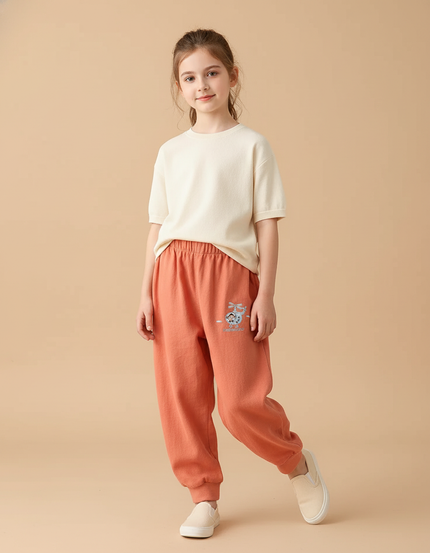 Pantalon Baggy Orange Coton Ample Décontracté Enfant Brodé - Molleton