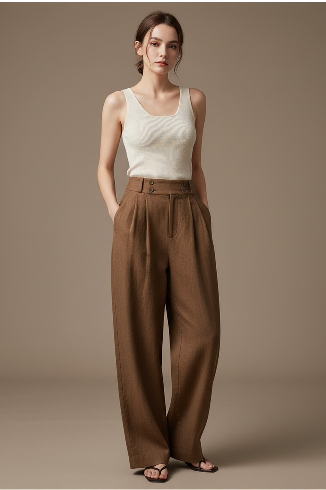 Pantalon Baggy Marron Ample Taille Haute Plissé - Laine