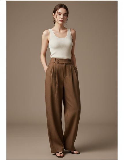 Pantalon Baggy Marron Ample Taille Haute Plissé - Laine