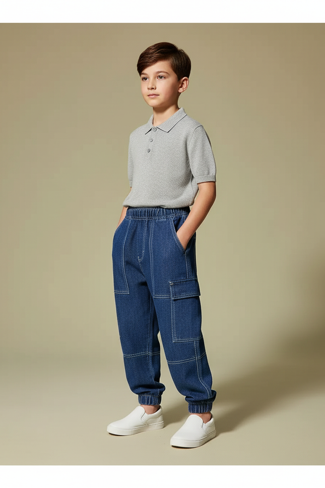 Pantalon Baggy Denim Bleu Ample Surpiqué Enfant - Jean