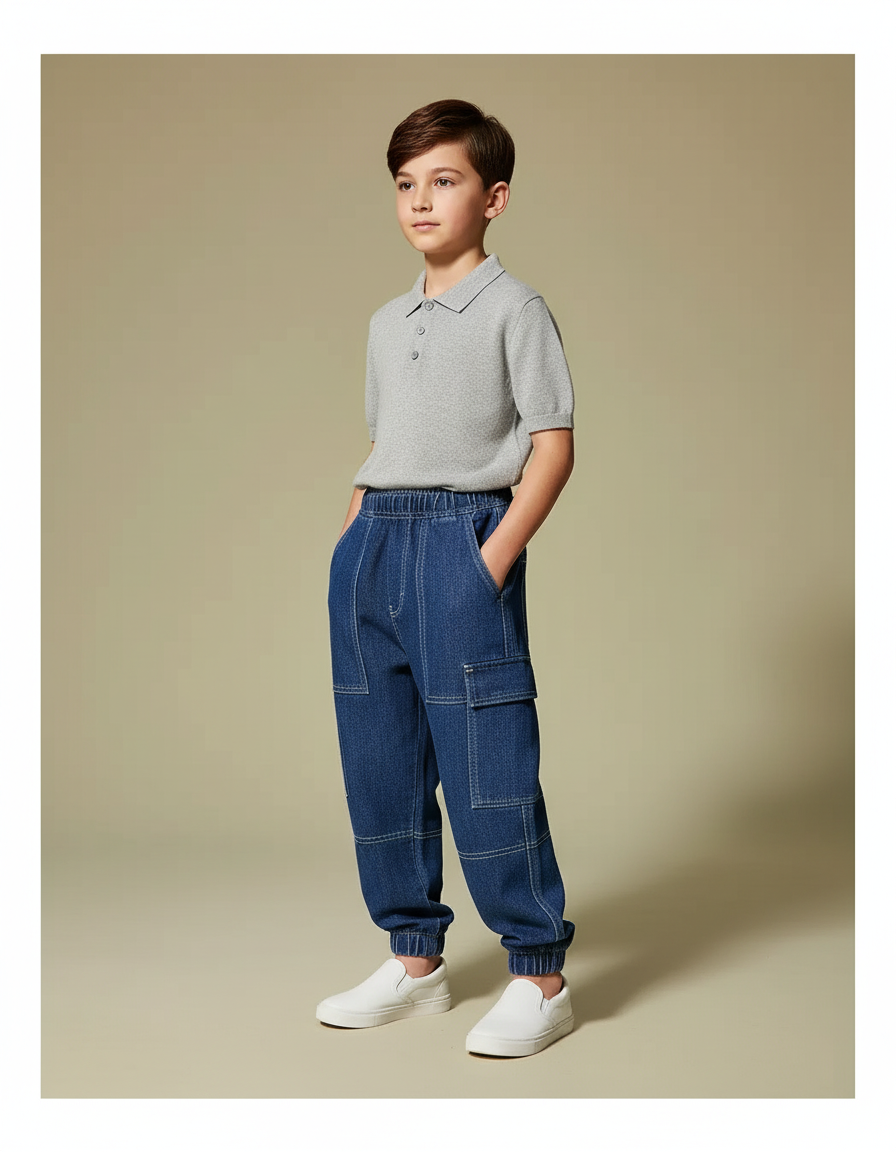 Pantalon Baggy Denim Bleu Ample Surpiqué Enfant - Jean