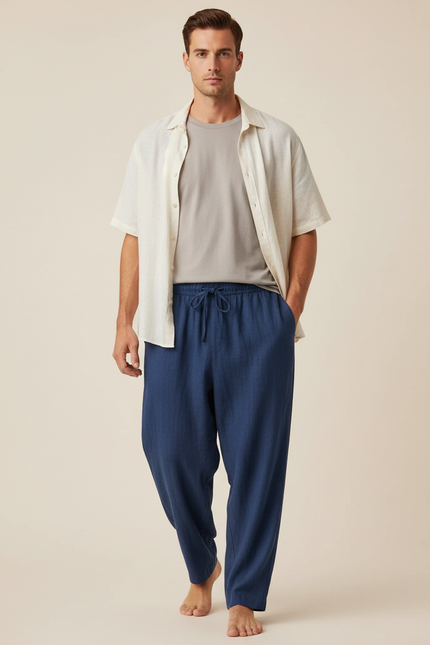 Pantalon Baggy Bleu Marine Lin Ample Décontracté Homme