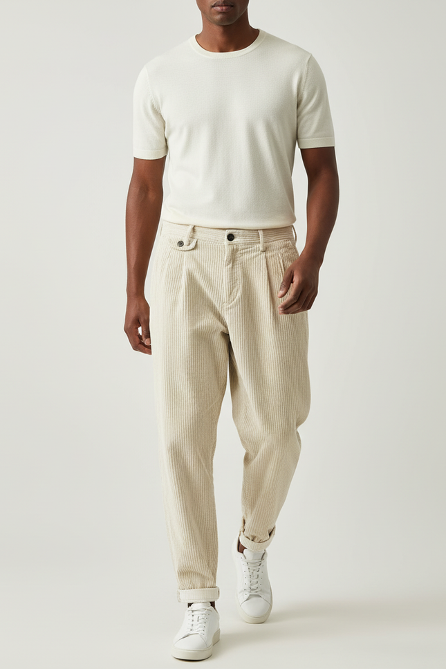 Pantalon Baggy Beige Côtelé Plissé Décontracté Homme - Cordé