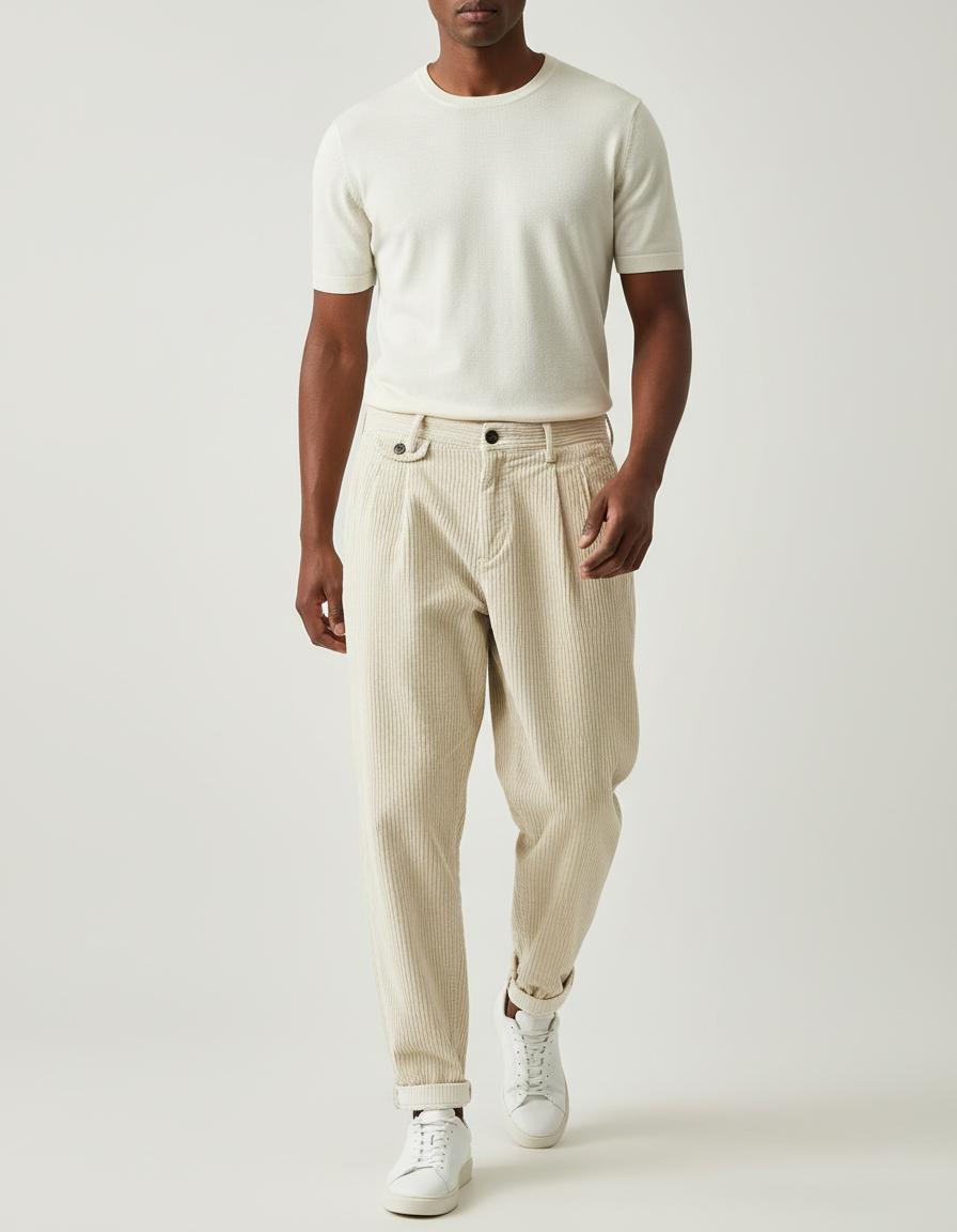 Pantalon Baggy Beige Côtelé Plissé Décontracté Homme - Cordé