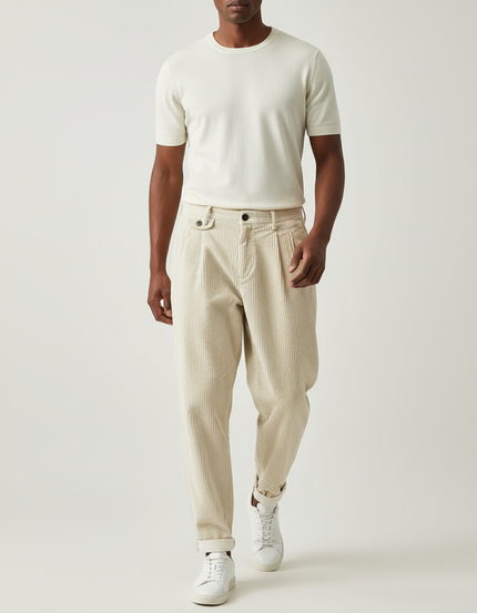 Pantalon Baggy Beige Côtelé Plissé Décontracté Homme - Cordé