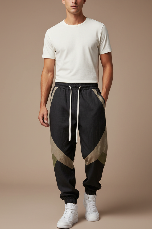 Pantalon Baggy Noir Patchwork Beige Cordon Sport Homme - Polyester