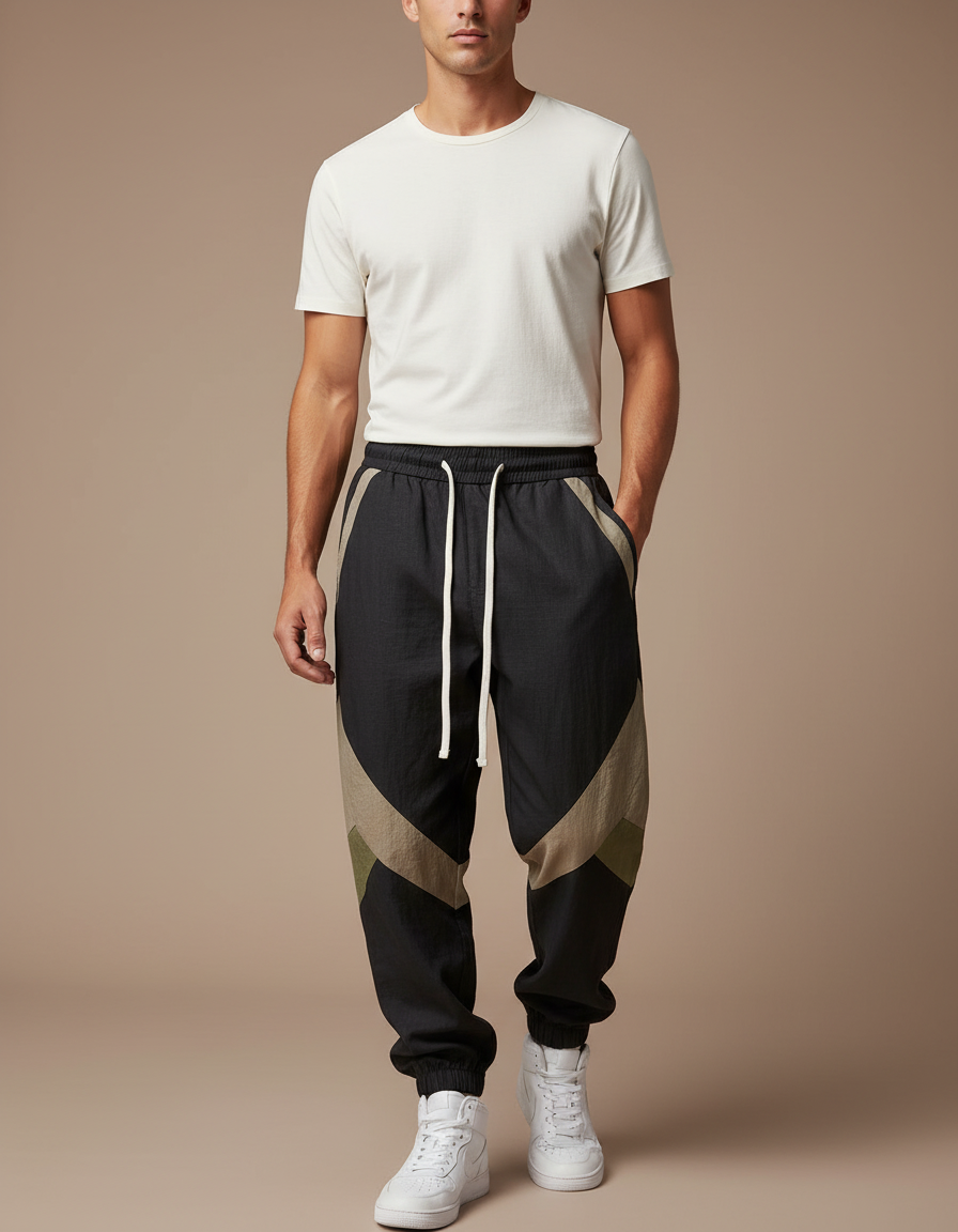 Pantalon Baggy Noir Patchwork Beige Cordon Sport Homme - Polyester
