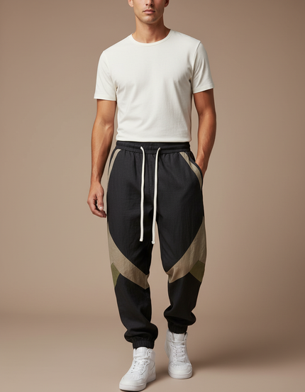 Pantalon Baggy Noir Patchwork Beige Cordon Sport Homme - Polyester